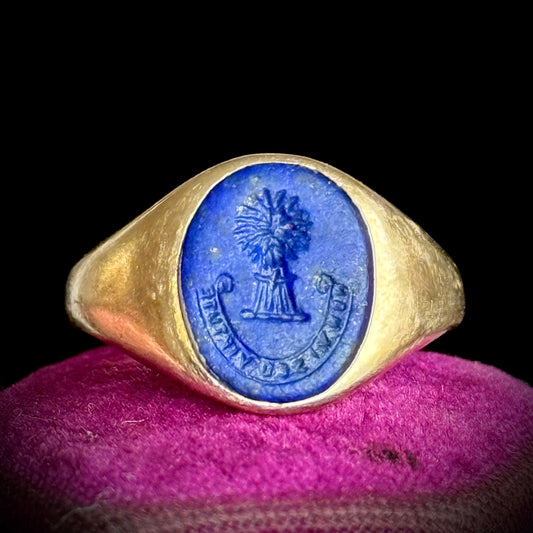 Vintage Lapis Lazuli Signet Ring 9 Carat gold; Circa 1990