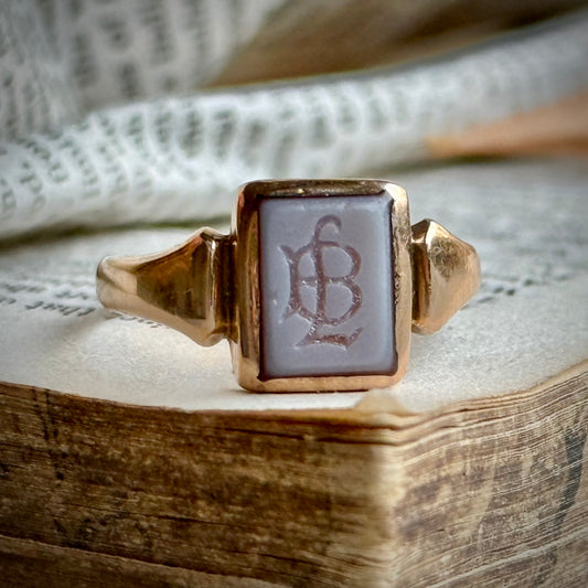 Sardonyx Monogram Signet Ring in 9 Carat Gold; Circa 1900