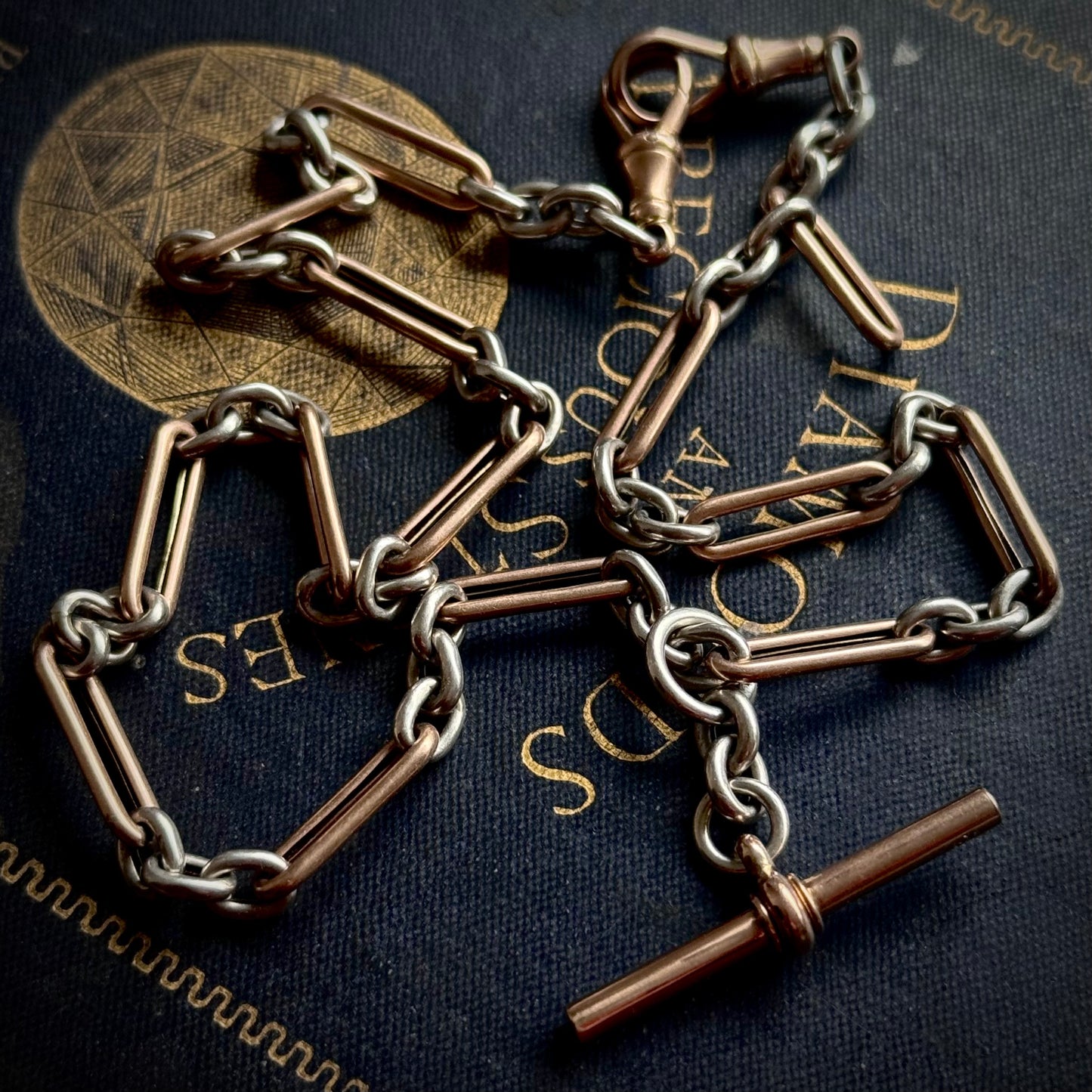 Antique Trombone Rose Gold & Silver Albert Chain; Circa 1880