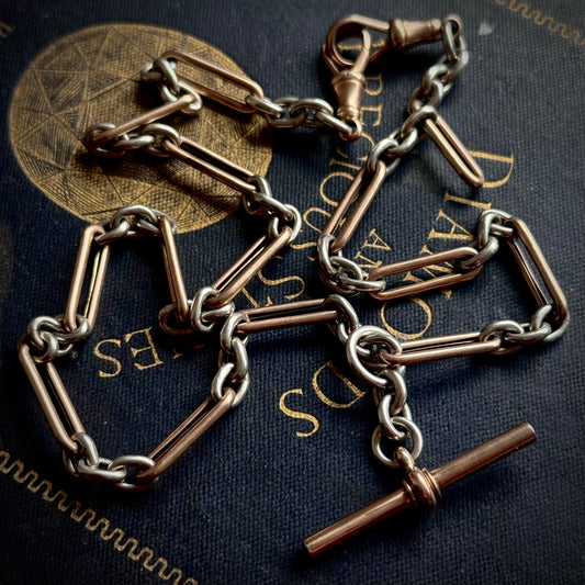 Antique Trombone Rose Gold & Silver Albert Chain; Circa 1880