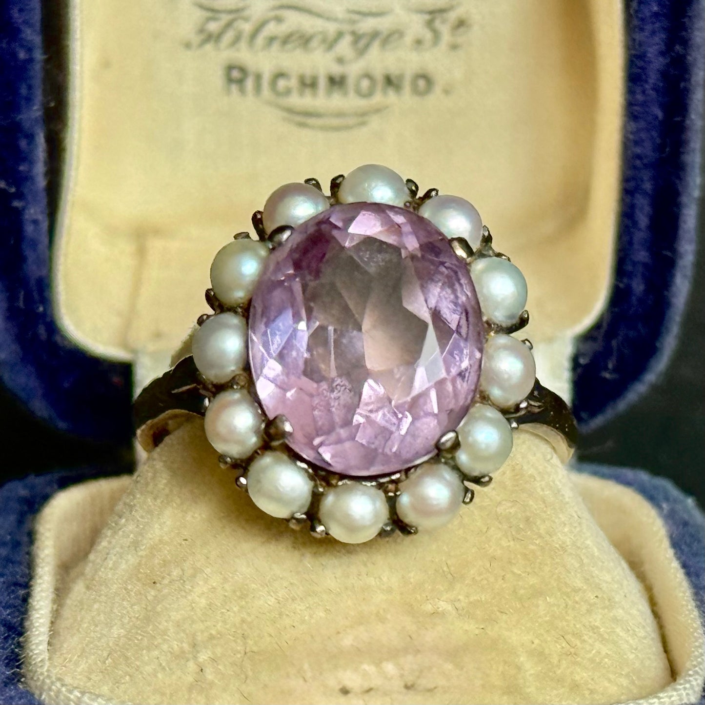 Vintage Amethyst & Pearl Cluster Ring in 9 Carat Gold