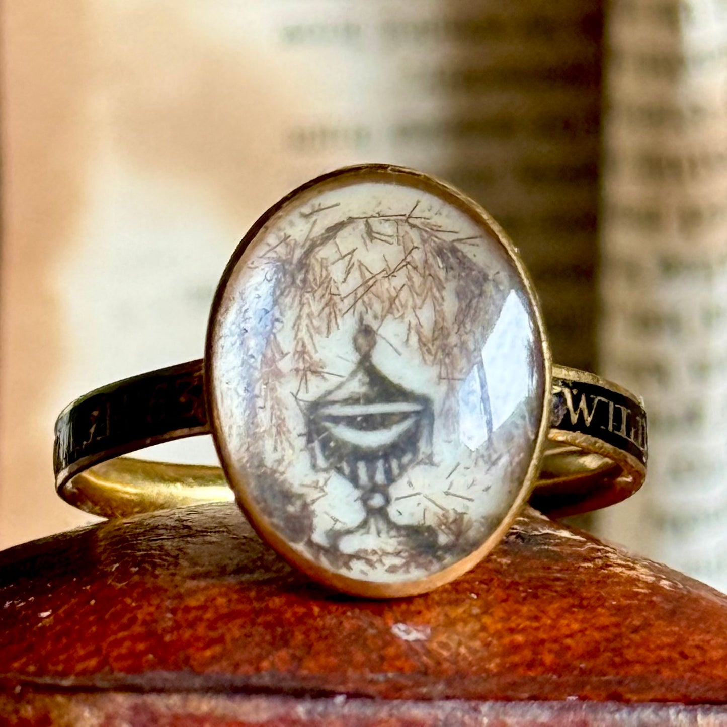 Georgian Enamel & Hair Mourning Ring in 15 Carat Gold; Circa 1781