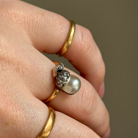 Antique Diamond & Pearl Acorn Ring in 18 Carat Gold