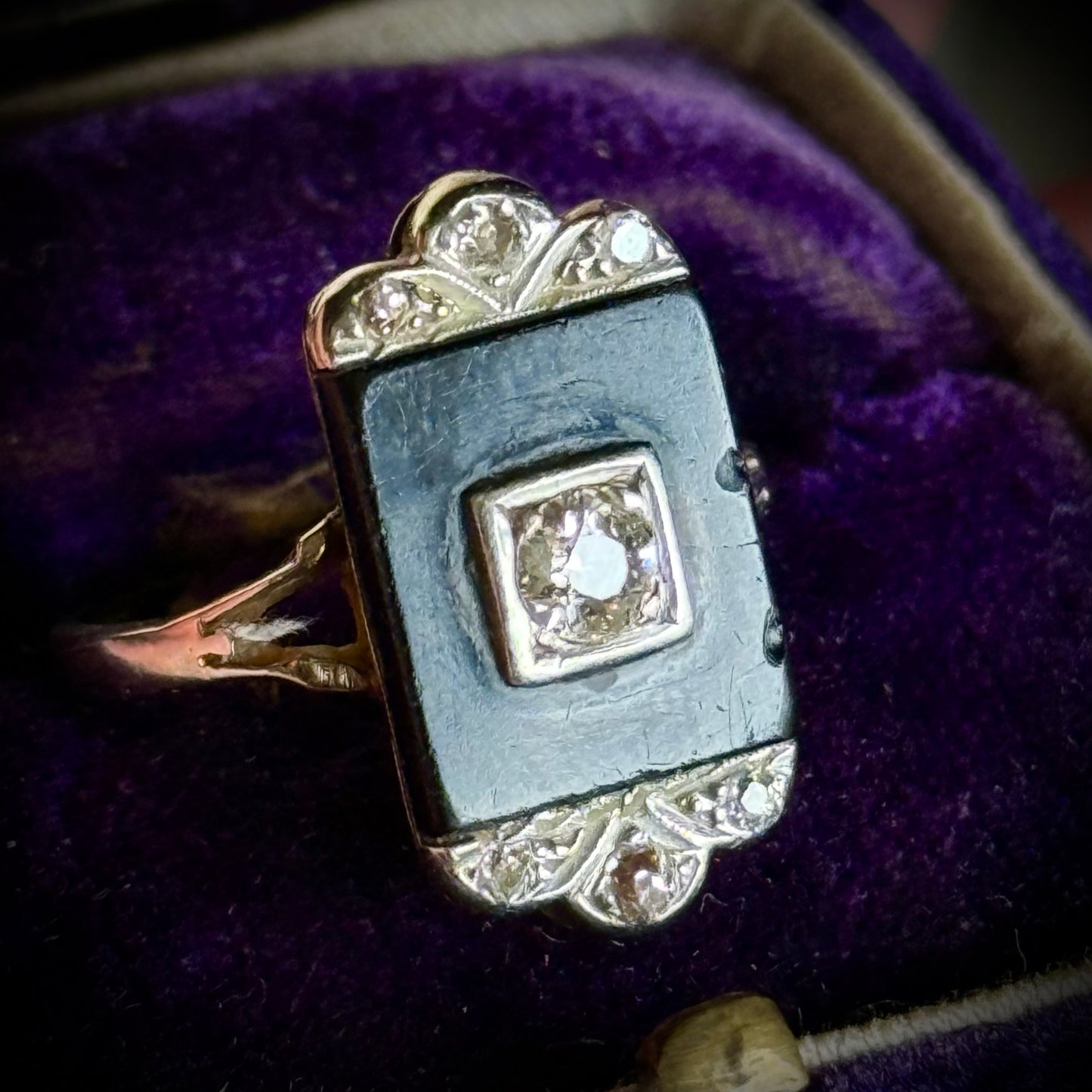 Antique Art Deco Onyx & Diamond Ring; Circa 1920
