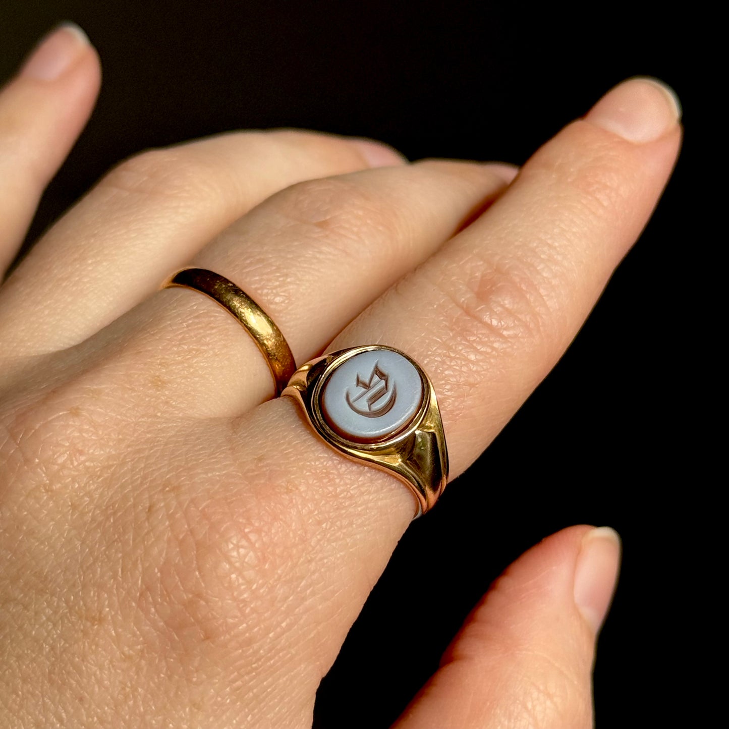 Antique Victorian Sardonyx Monogram 'G'Signet Ring in 15 Carat Gold; Circa 1883