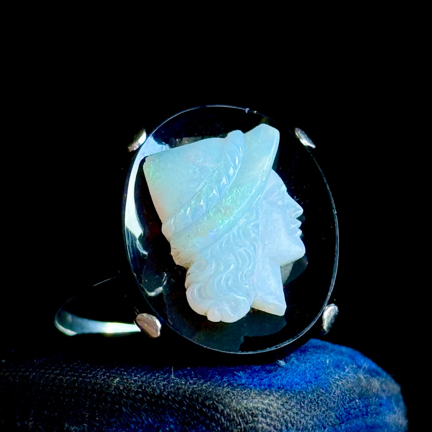 Antique Opal & Onyx Cameo ring in Platinum & Gold; Circa 1910