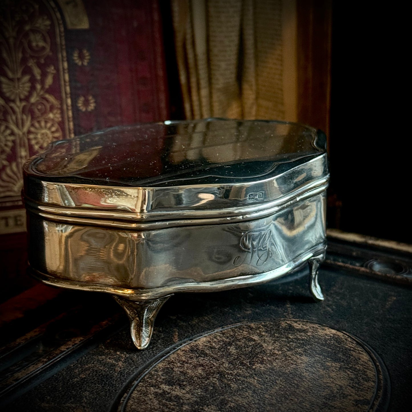 Antique Sterling Silver & Velvet Jewellery Box, England 1912