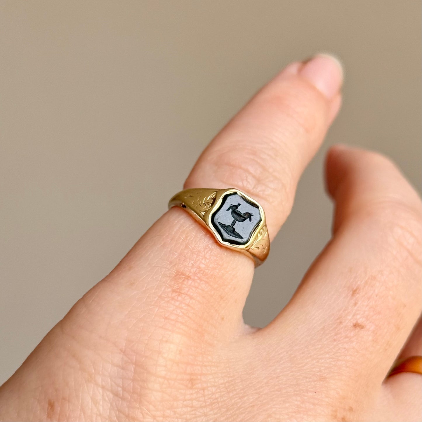 Antique Love Bird Intaglio Signet Ring in 9 Carat Gold; Circa 1860