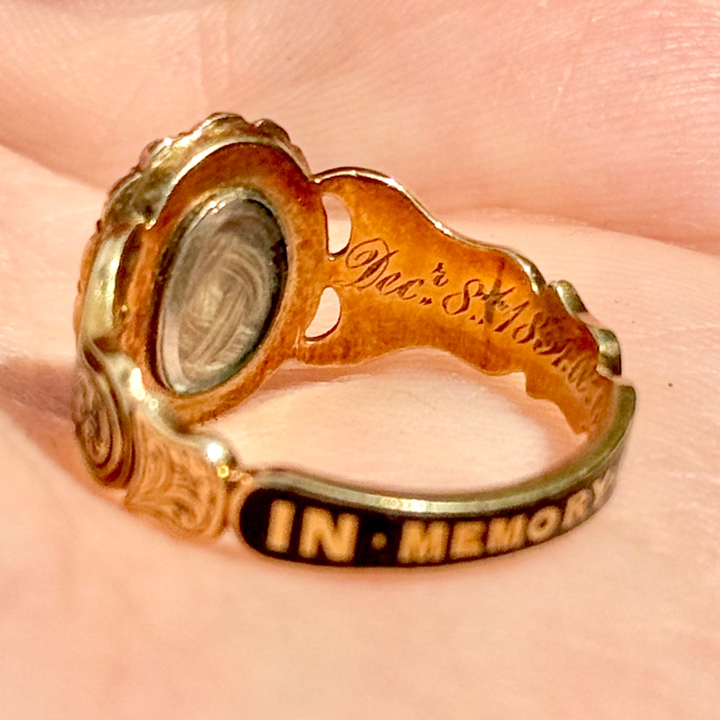 Antique Forget Me Not Mourning Ring in 18 Carat Gold; Circa 1851