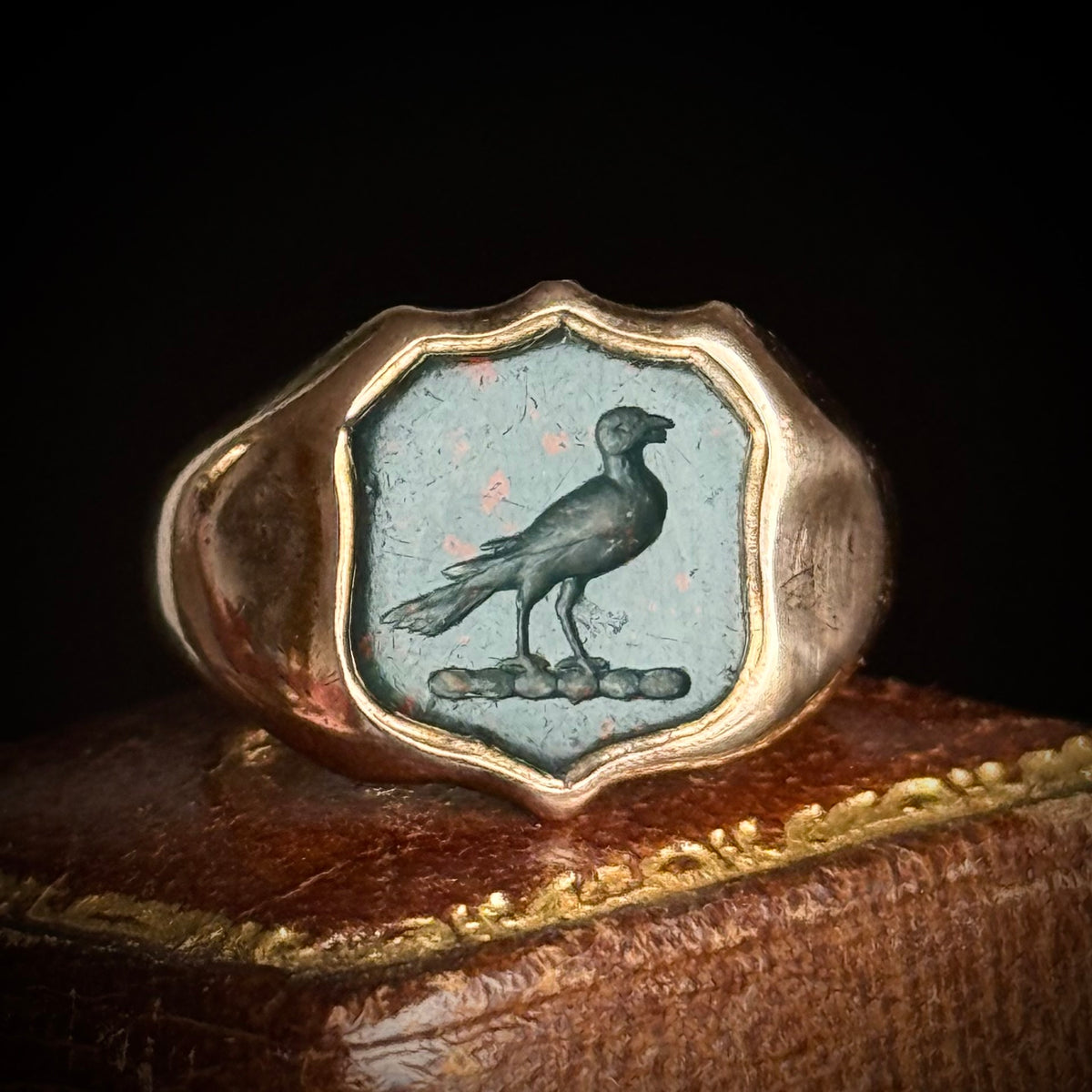 Antique Bird Bloodstone Intaglio Ring 9 Carat Rose Gold; Circa 1890