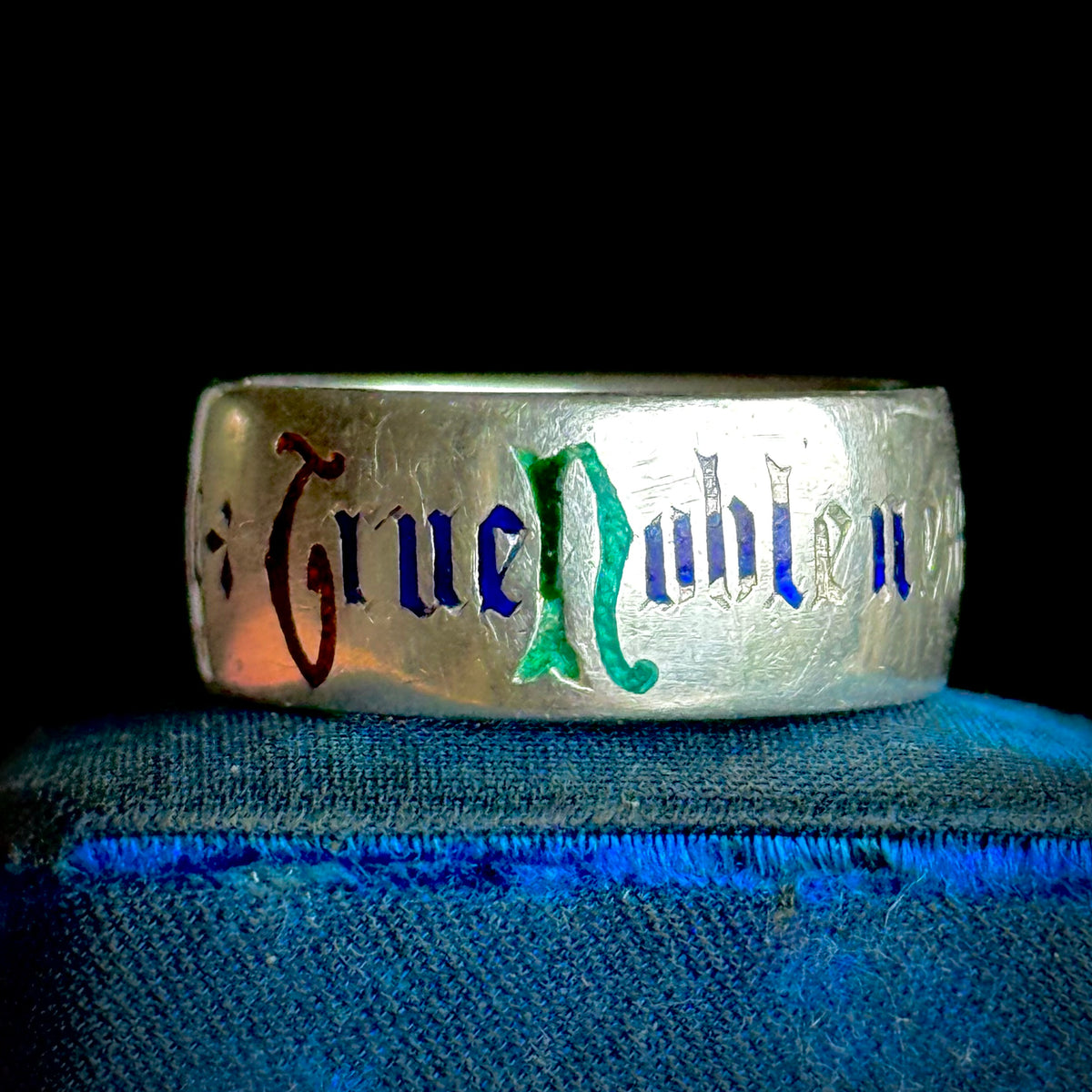 Victorian Enamel Quote Ring in Sterling Silver; Circa 1876