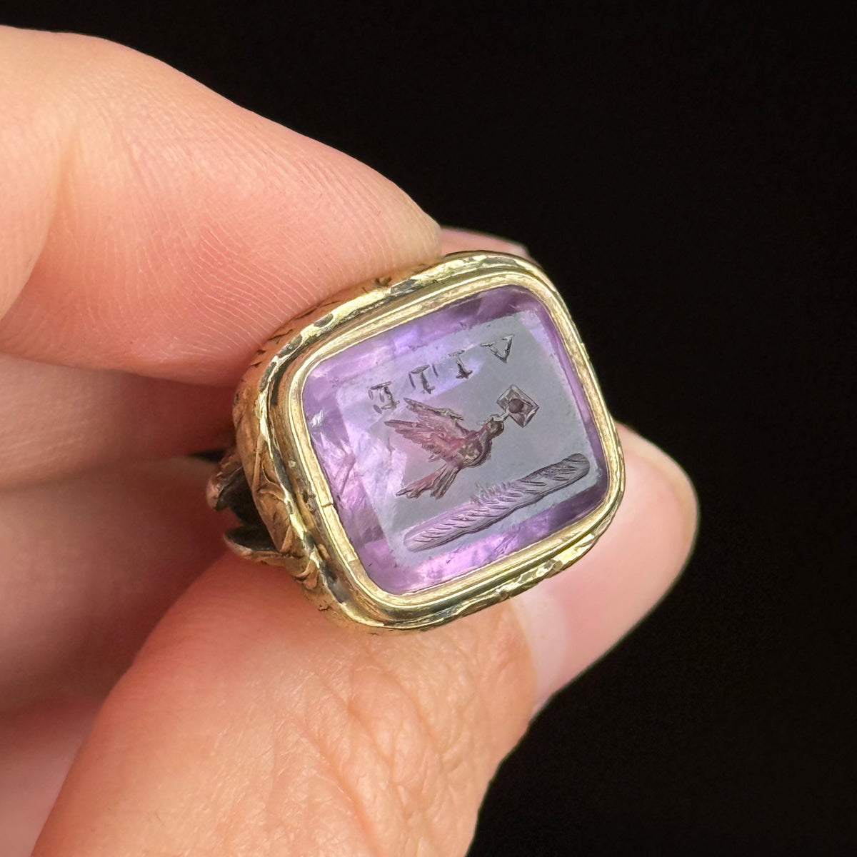 Antique 'Vite' Amethyst Intaglio Fob Pendant; Circa 1850