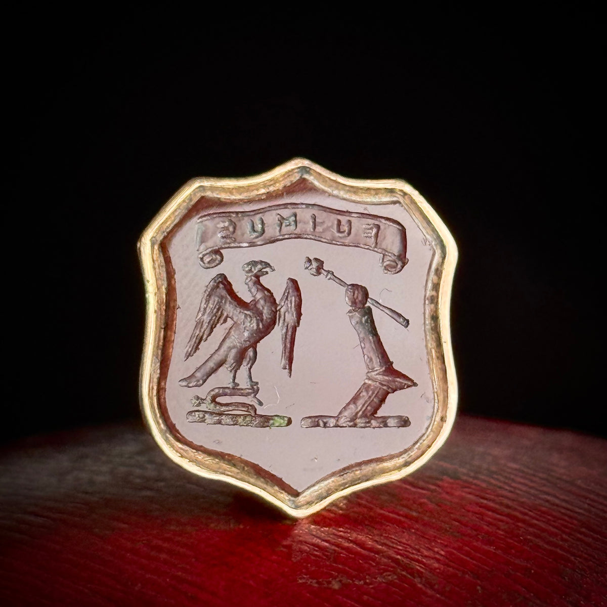 Antique 'Fuimus' Carnelian Fob Pendant in 9 Carat Gold; Circa 1907