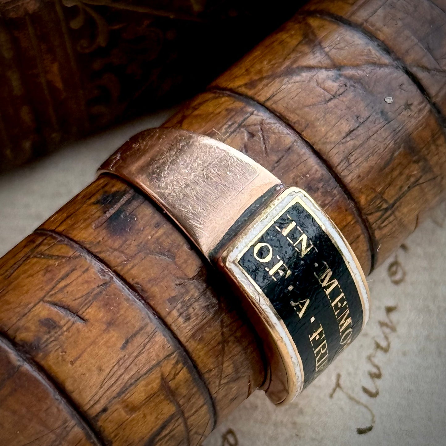 Antique Victorian 'In Memory of a Friend' Mourning Ring in 9 Carat Gold; Circa 1860