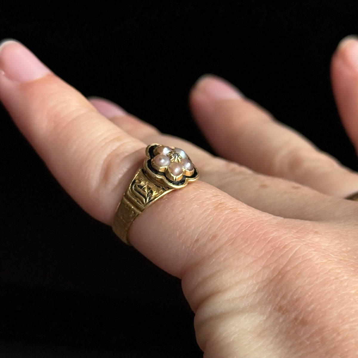 Victorian Diamond & Pearl Mourning Ring in 18 Carat Gold; Circa 1838
