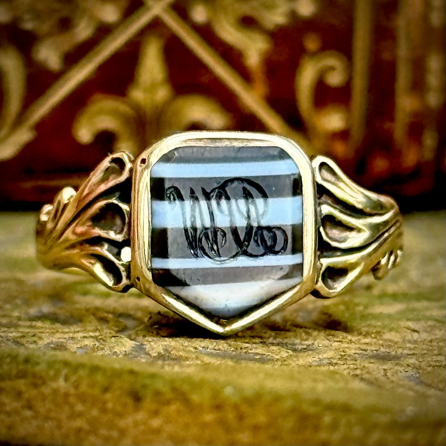 Antique Banded Agate Monogram Signet Ring