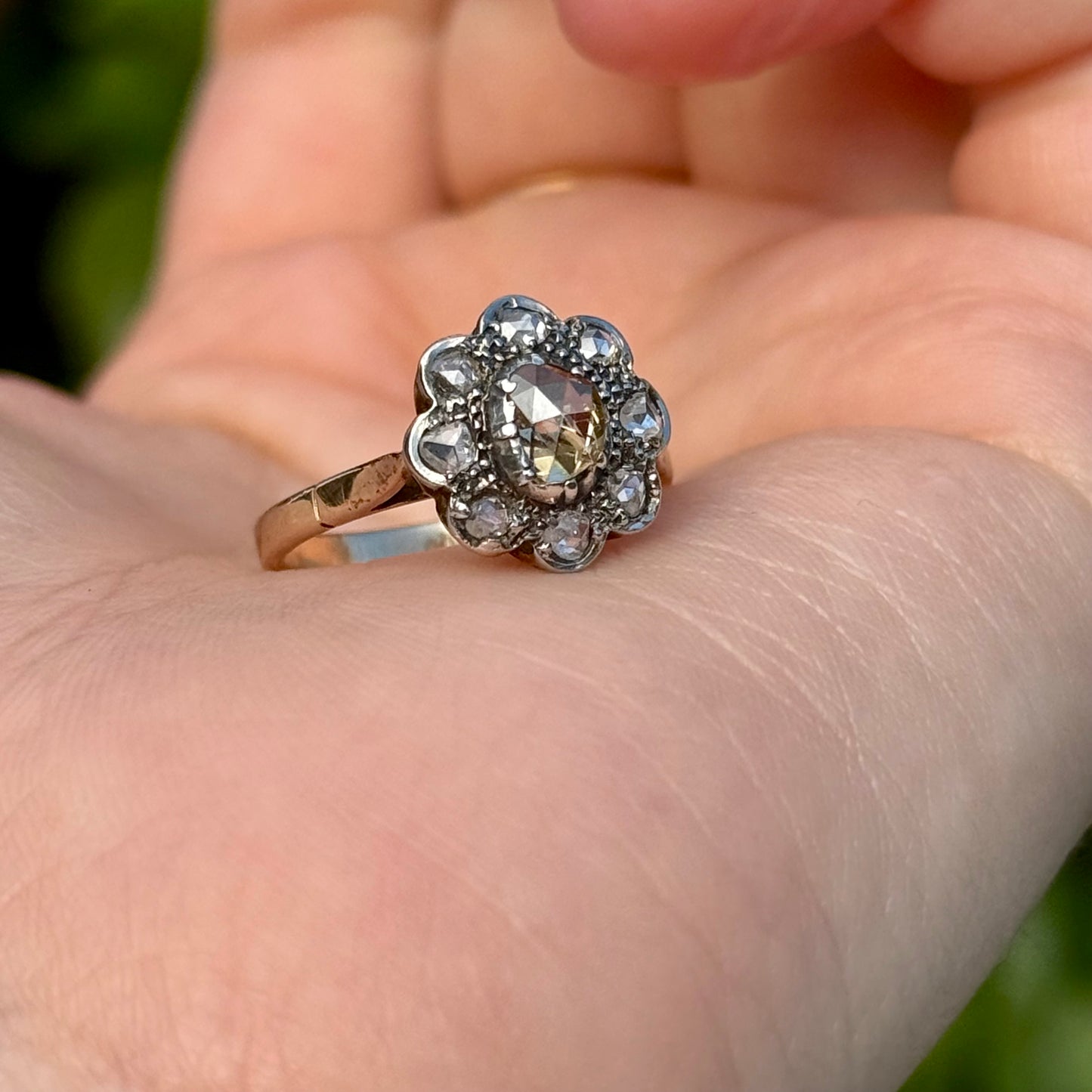 Antique Rose Cut Cluster Ring in 14 Carat Gold; Circa 1880
