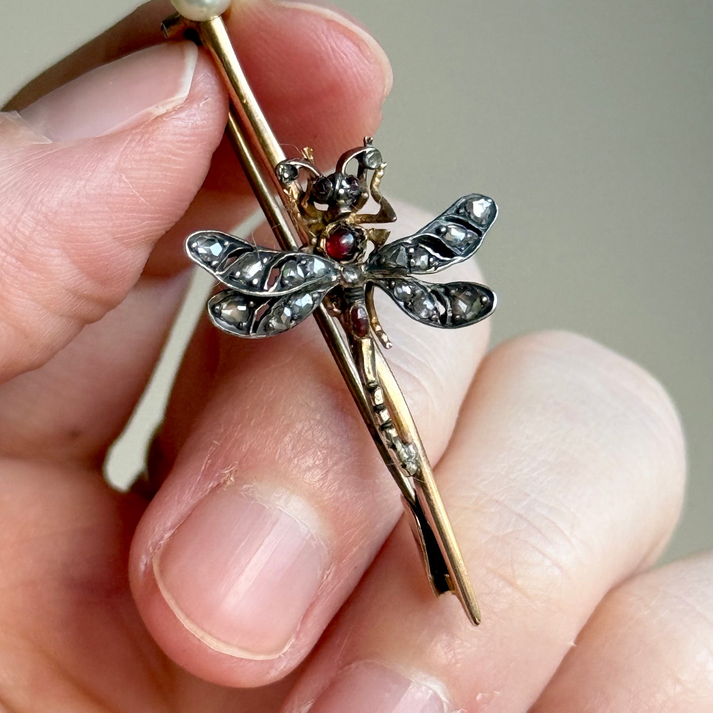 Victorian Diamond, Garnet & Pearl Dragonfly Brooch; Circa 1890
