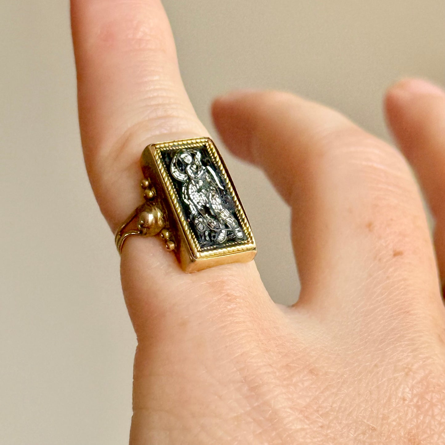 Victorian Micro Mosaic Panel Ring in 9 Carat Gold; 1850