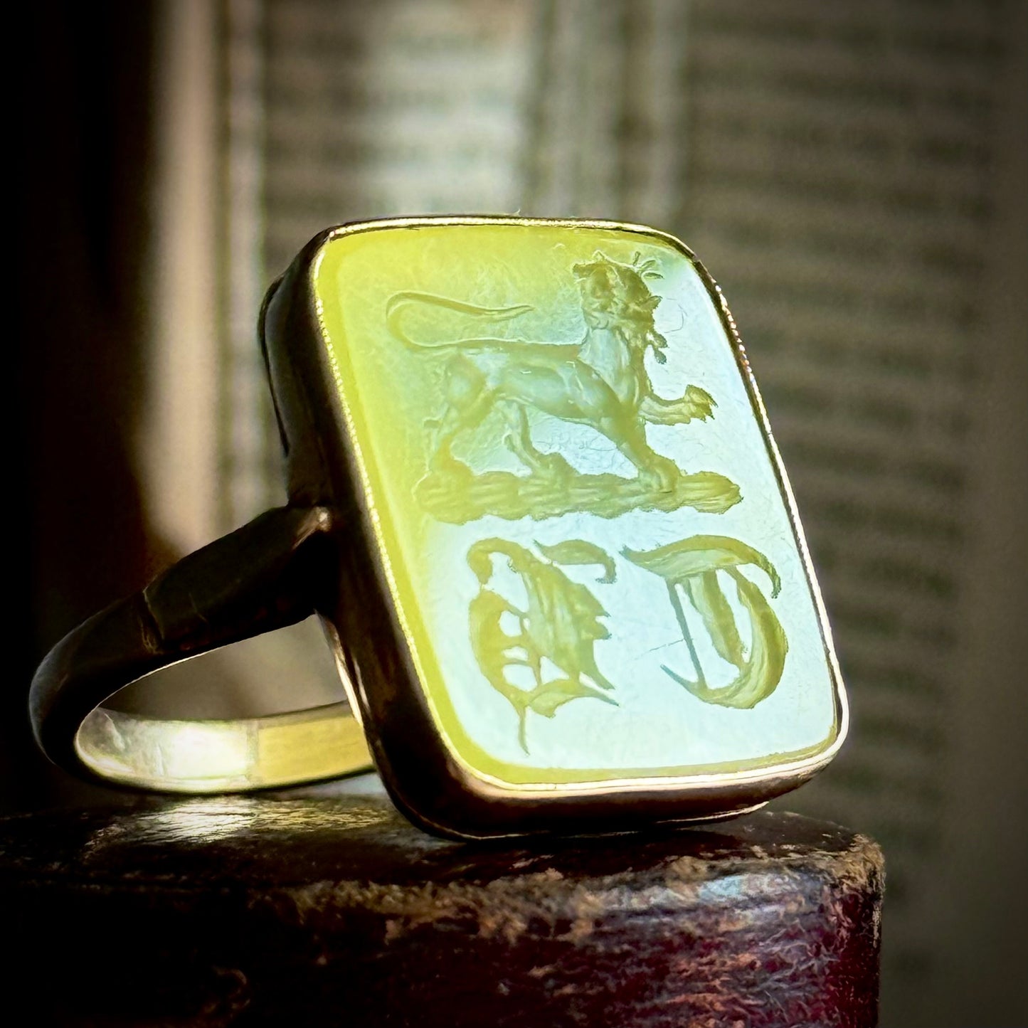 Antique Chrysoprase Intaglio Lion Ring in 9 Carat Gold; Circa 1900