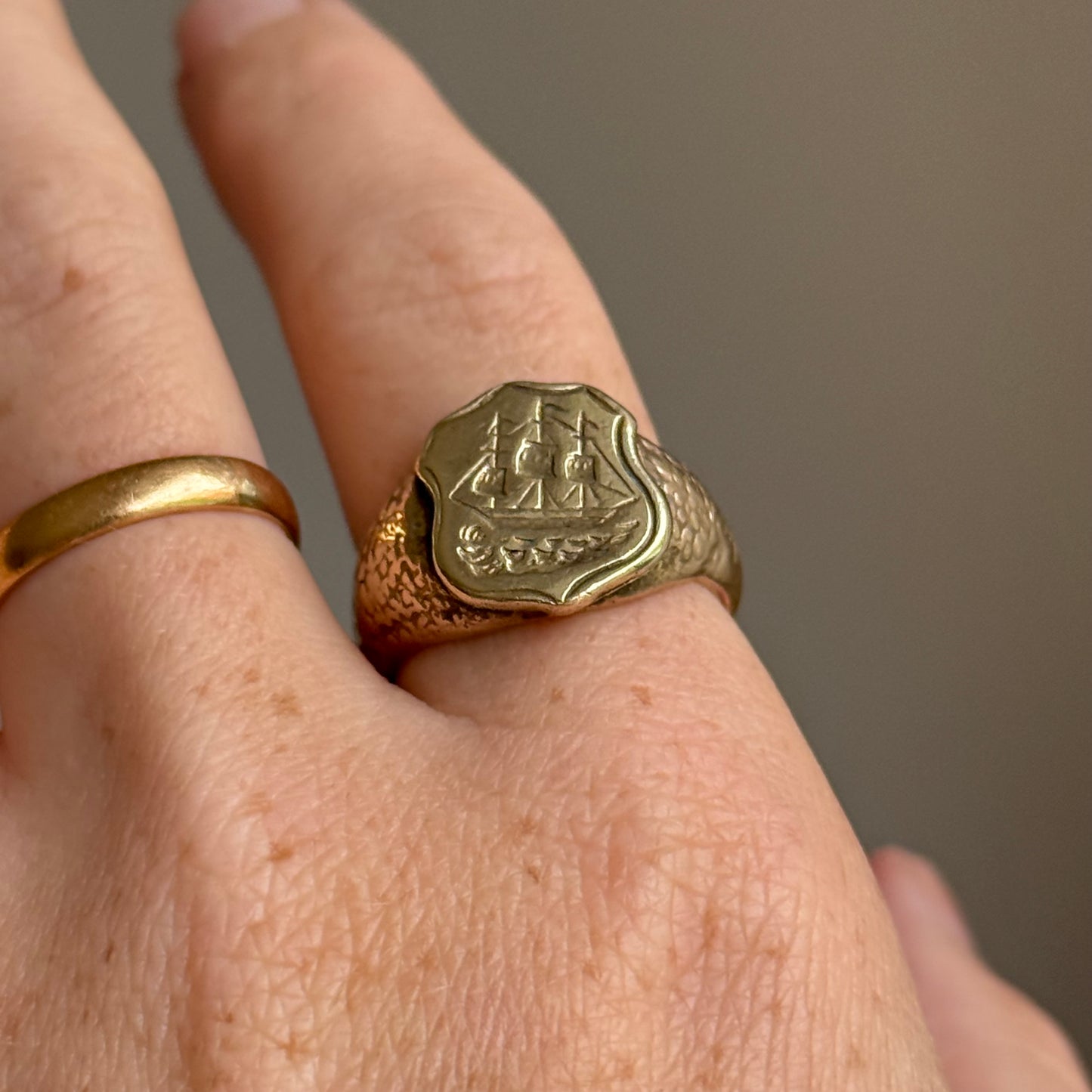 Victorian Heavy Nautical Ship Intaglio Signet ring; Circa 1880