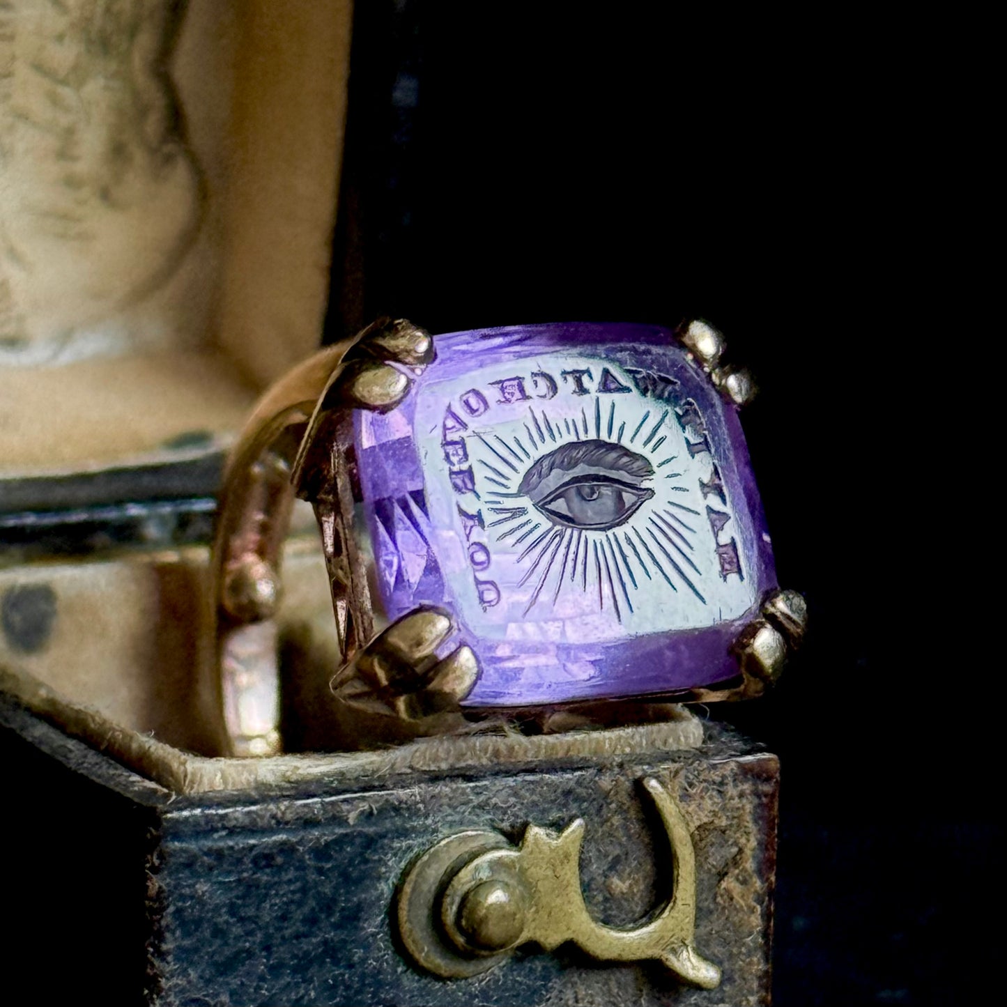 Vintage Amethyst Intaglio “May It Watch Over You” Ring in 9 Carat Gold