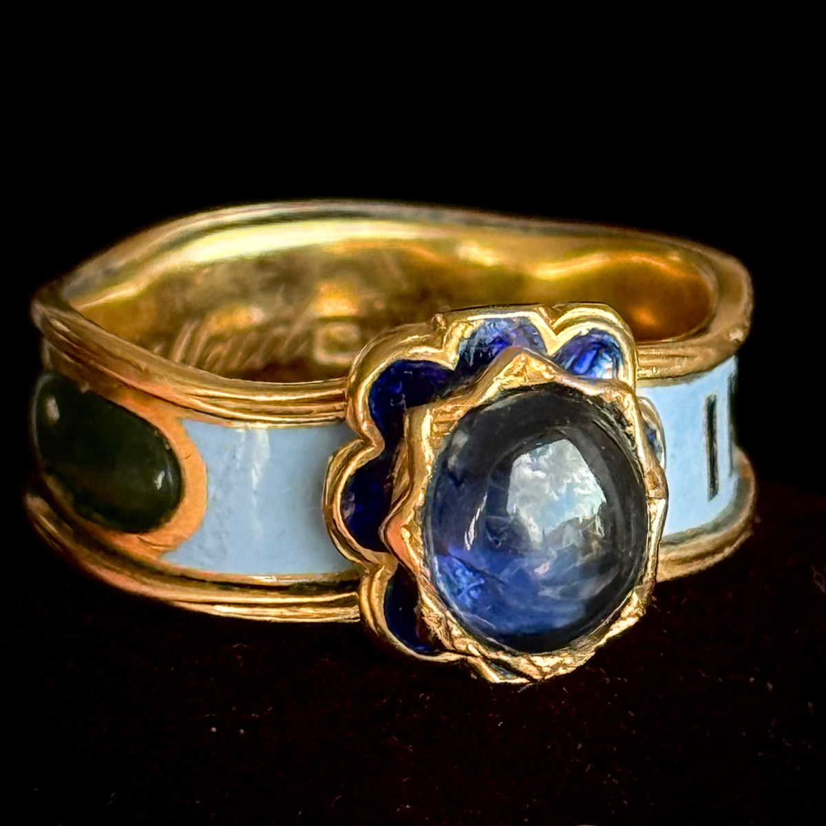 Victorian Sapphire Mourning Ring in 18 Carat Gold; circa 1852