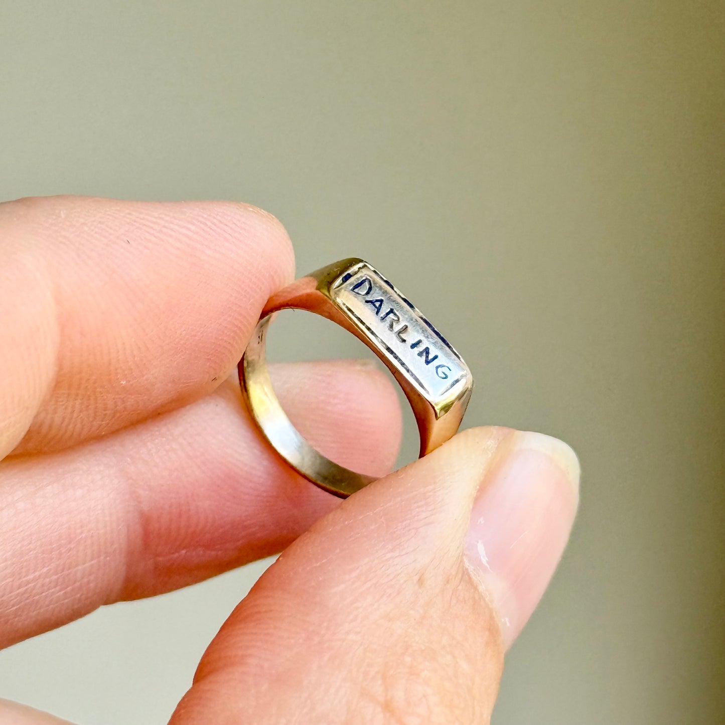 Antique Enamel 'Darling' Baby Ring in 14 Carat Gold
