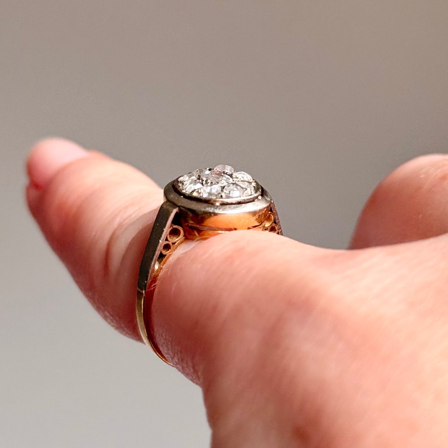 Antique Rose Cut Cluster Ring in 9 Carat Gold; Circa 1895
