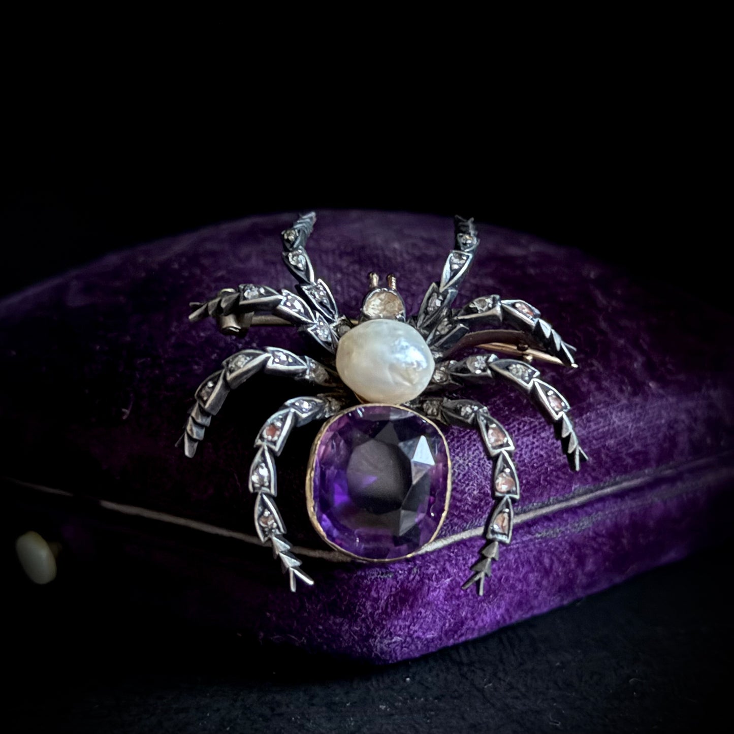 Victorian Diamond, Amethyst & Pearl Spider Brooch; Circa 1890
