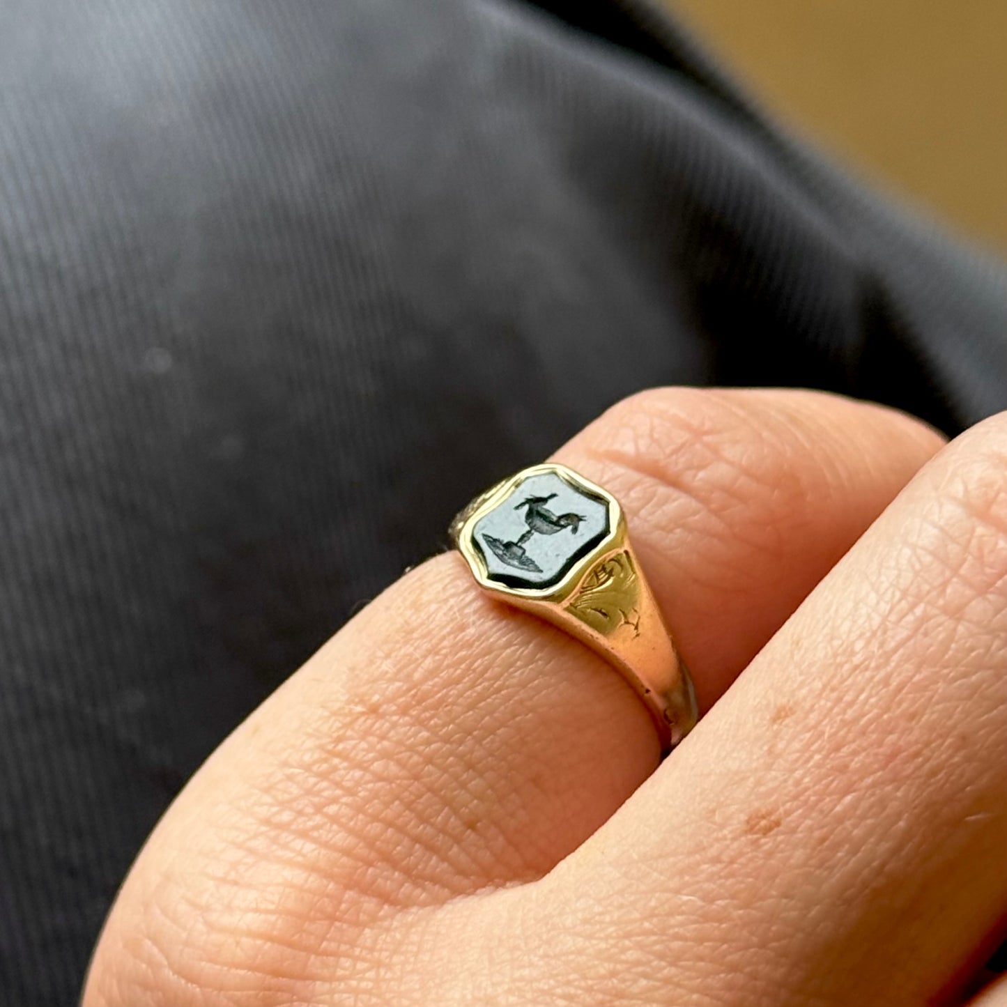 Antique Love Bird Intaglio Signet Ring in 9 Carat Gold; Circa 1860