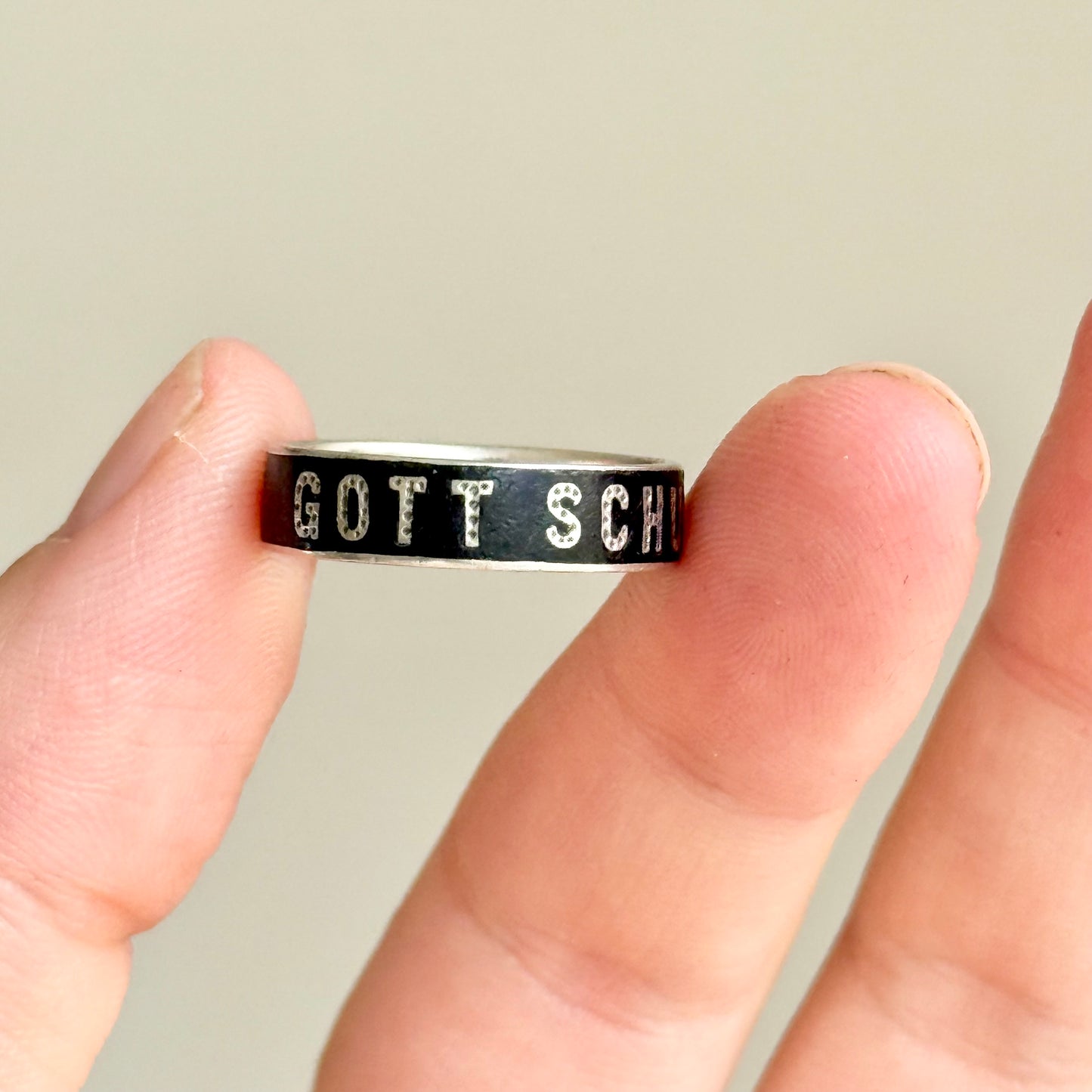 Victorian 'Gott Schütze Dich' Enamel Ring In Silver; Circa 1880