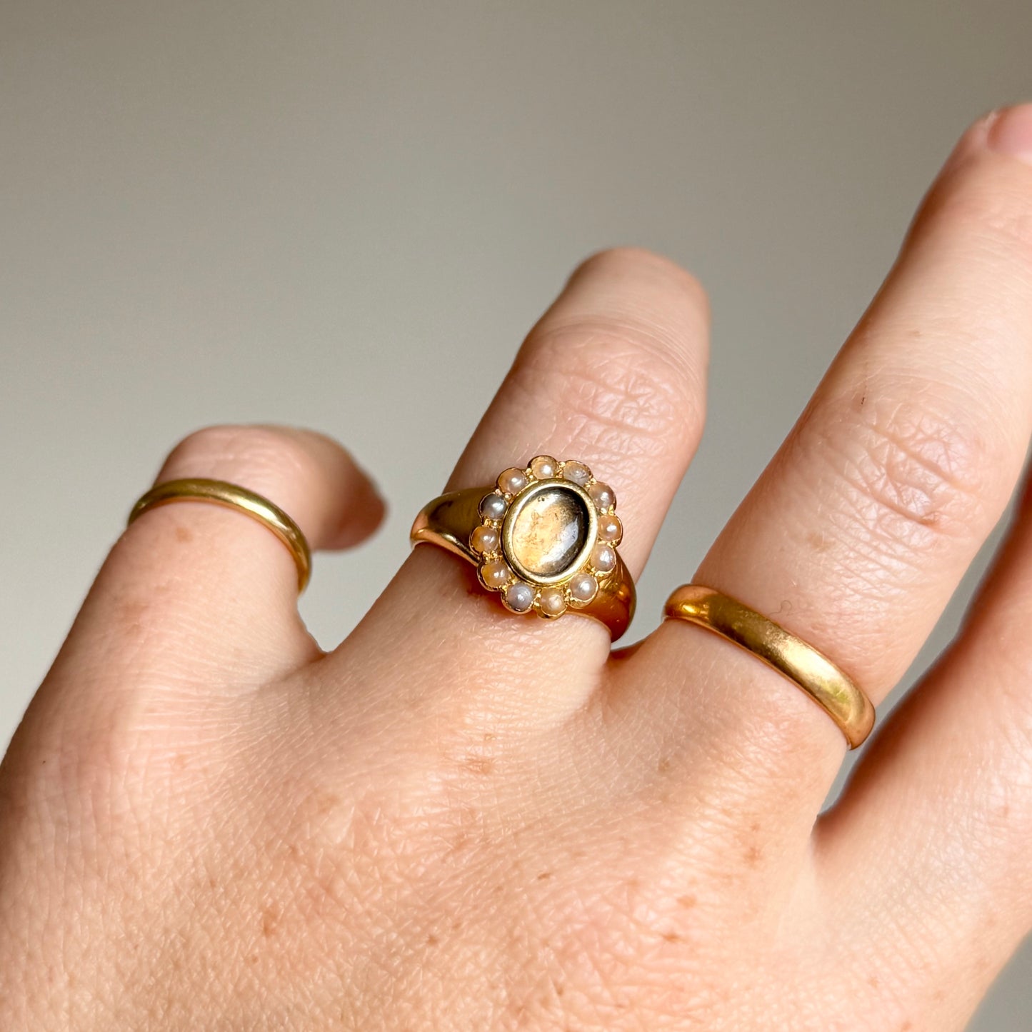 Antique Pearl Locket Ring in 18 Carat Gold; Circa 1917