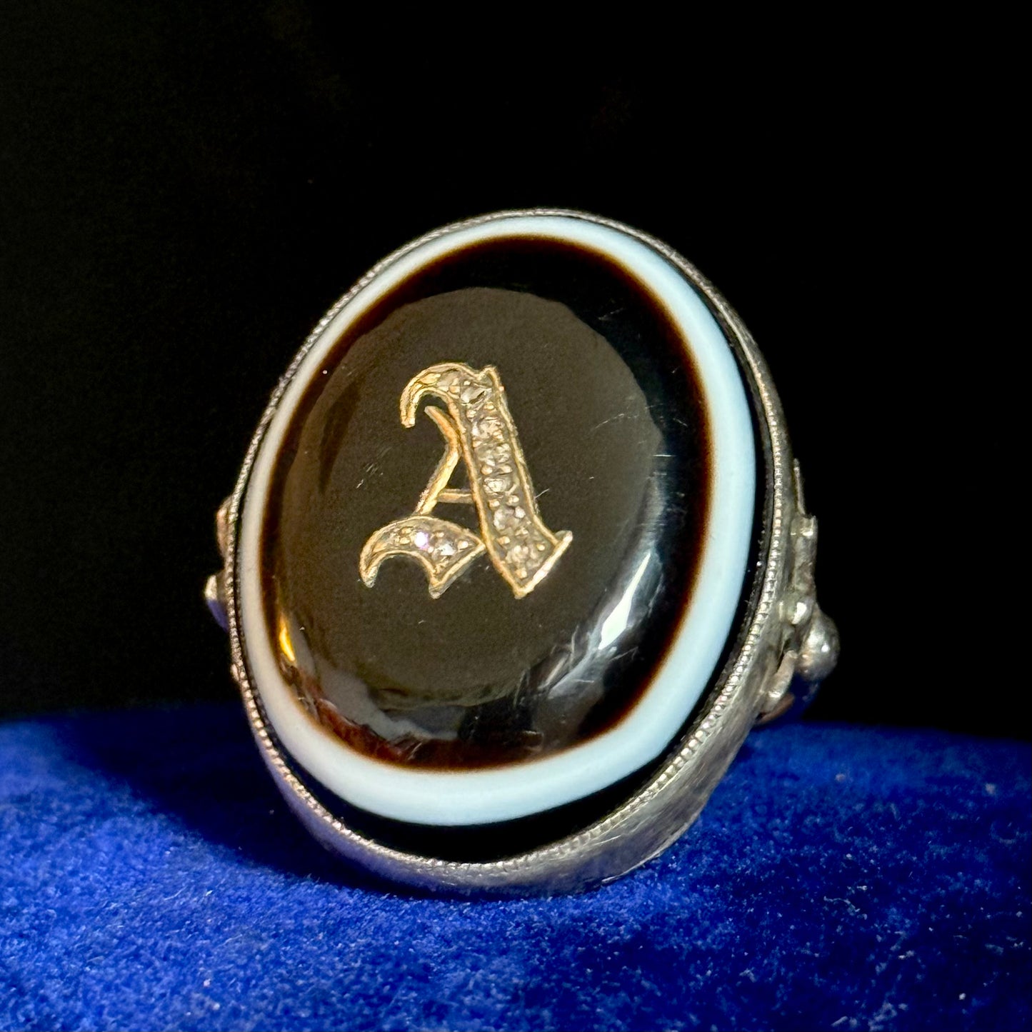 Victorian Banded Agate Diamond 'A' Ring in Sterling Silver Circa 1880