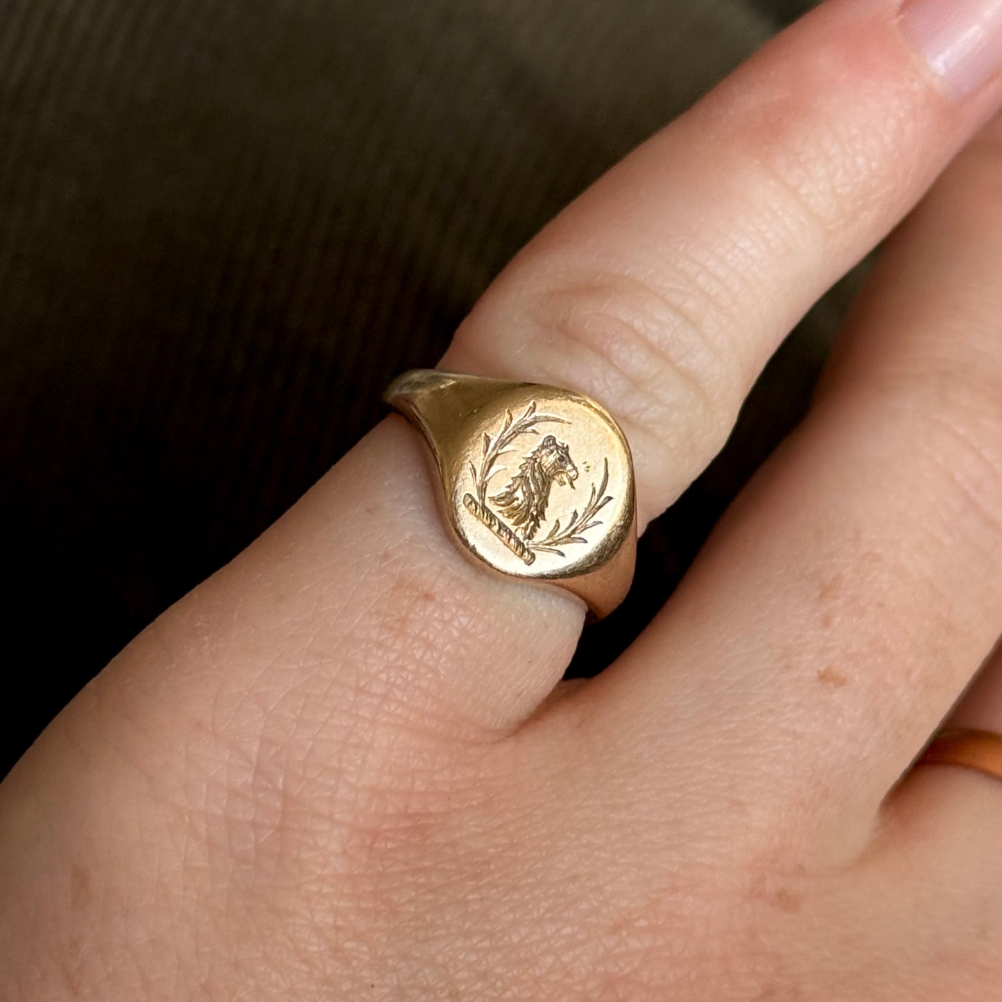 Vintage Lion & Laurel Signet Ring 9 Carat gold