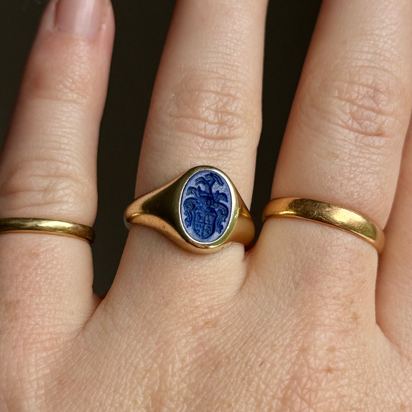 Vintage Lapis Lazuli Intaglio Signet Ring in 14 Carat Gold