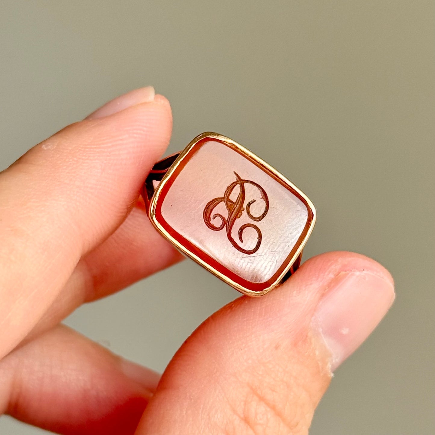 Antique Carnelian 'B' Intaglio Signet Ring in 9 Carat Gold, Circa 1880