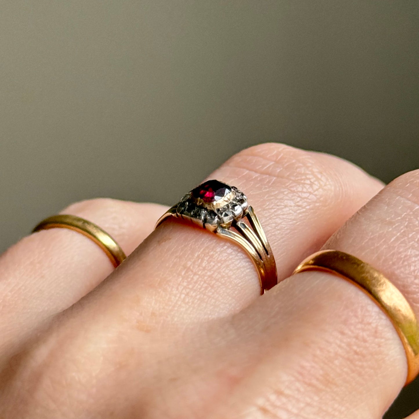 Antique Georgian Garnet & Diamond Ring in 15 Carat Gold; Circa 1830