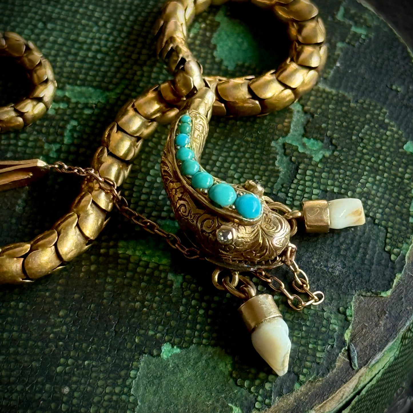 Victorian Diamond & Milk Tooth Snake Bracelet in 15 Carat Gold; Circa 1880