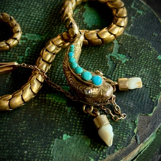 Victorian Diamond & Milk Tooth Snake Bracelet in 15 Carat Gold; Circa 1880