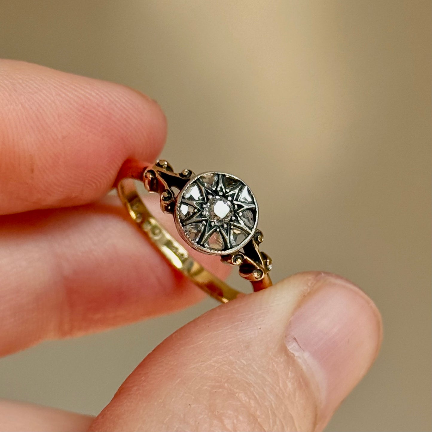 Antique Rose Cut Diamond Cluster Ring in 18 Carat Gold; Circa 1880