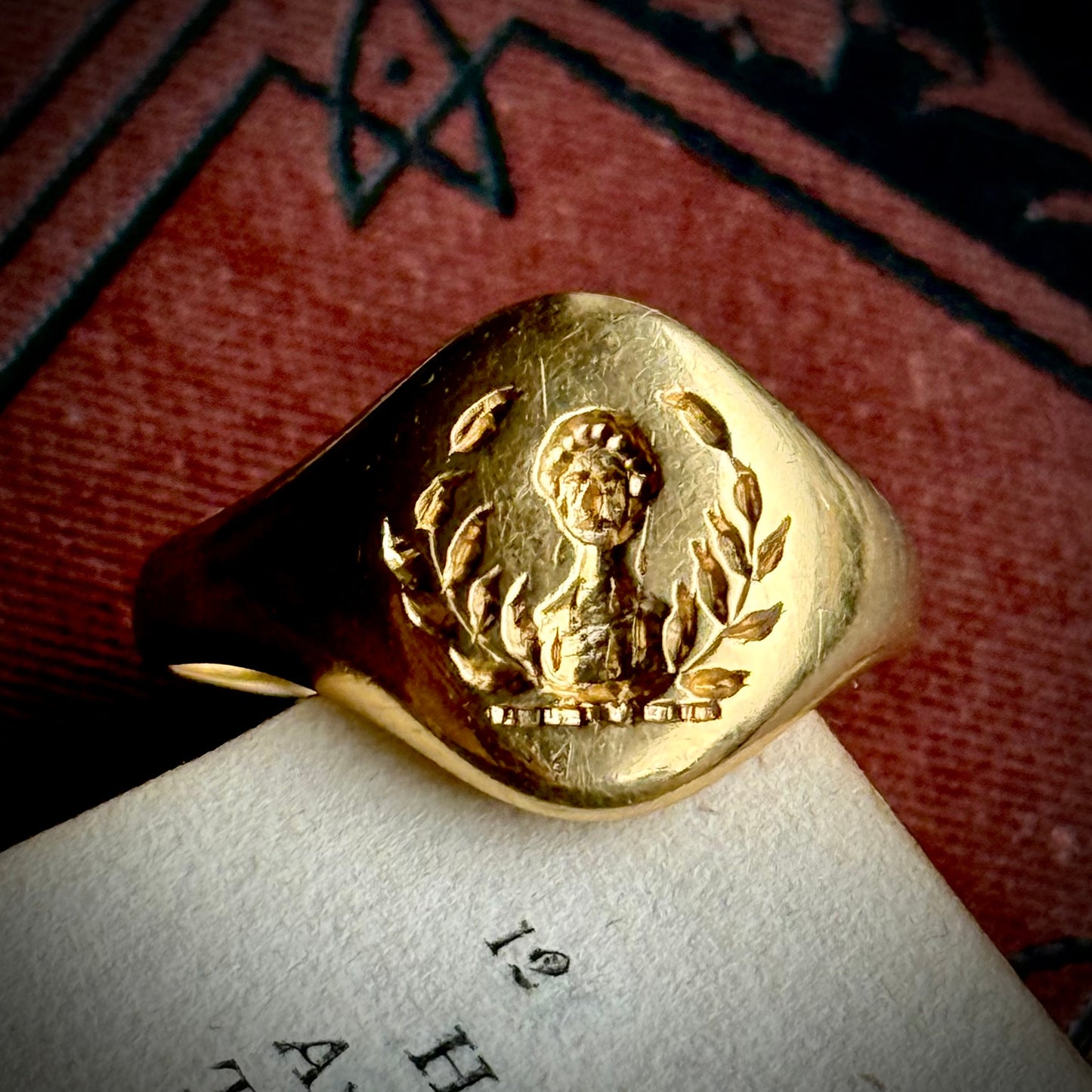 Antique Victorian Intaglio Heraldic Signet Ring in 18 Carat Gold; Circa 1890