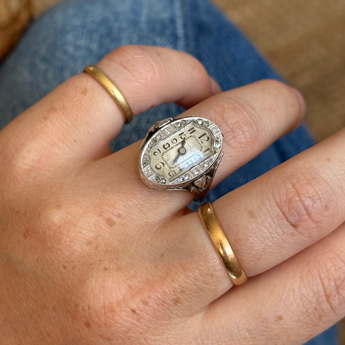 Antique Swiss Art Deco Diamond Watch Ring; Circa 1920