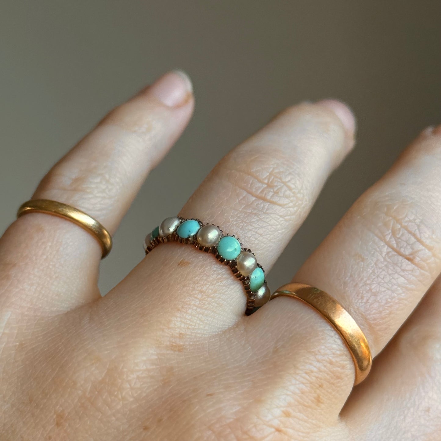 Georgian Rare Turquoise & Pearl Full Eternity in 9 Carat Gold