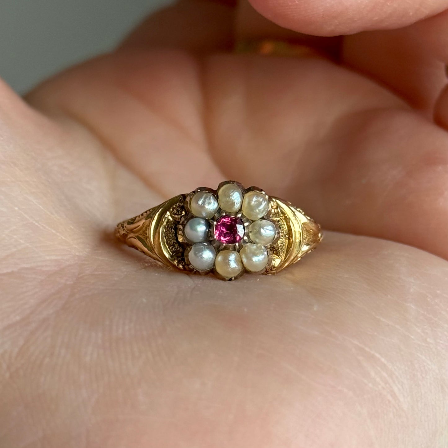 Victorian Rhodolite Garnet & Pearl Sentimental Ring in 18 Carat Gold; Circa 1880