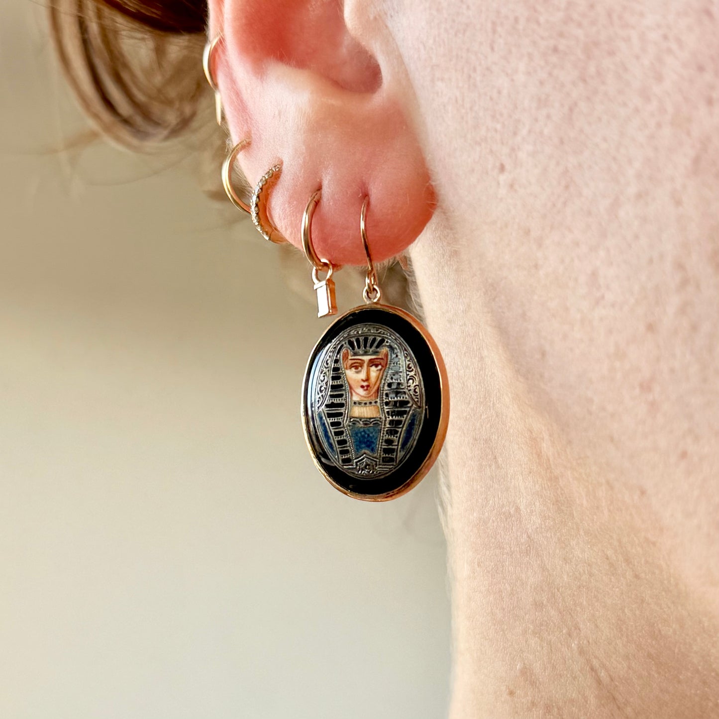 Antique Egyptian Revival Enamel Pharaoh Earrings in 14 Carat Gold