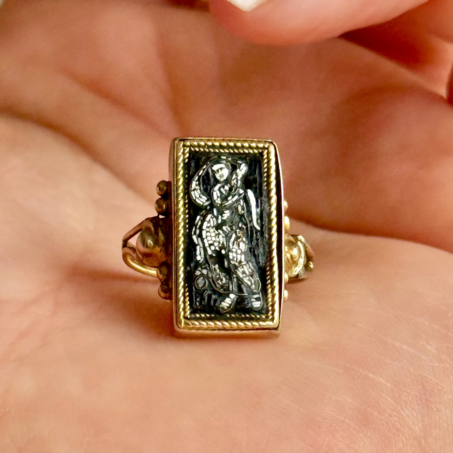 Victorian Micro Mosaic Panel Ring in 9 Carat Gold; 1850