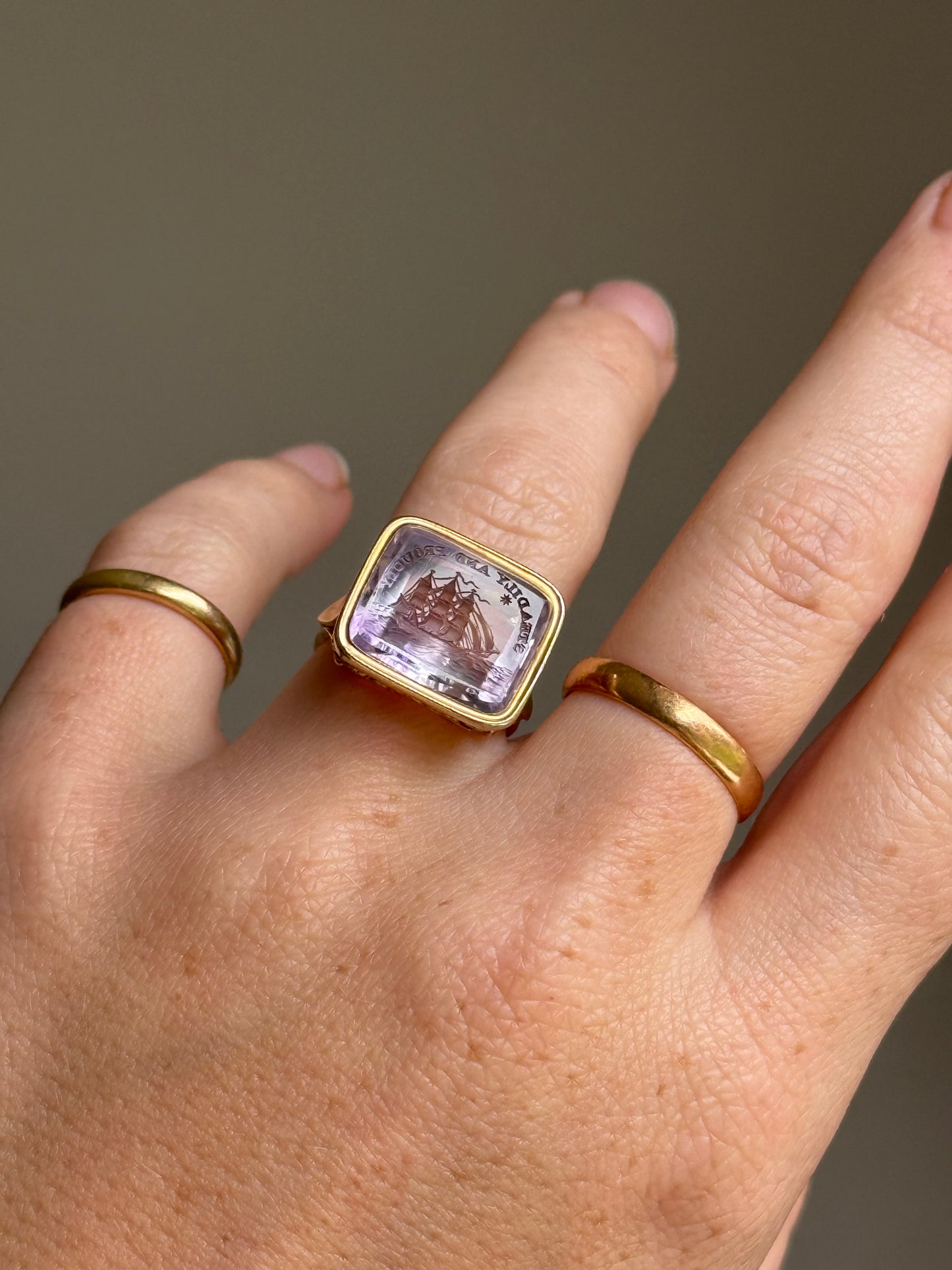 Georgian Amethyst Intaglio ‘Steadily and Proudly’ Conversion Ring,  Circa 18th Century