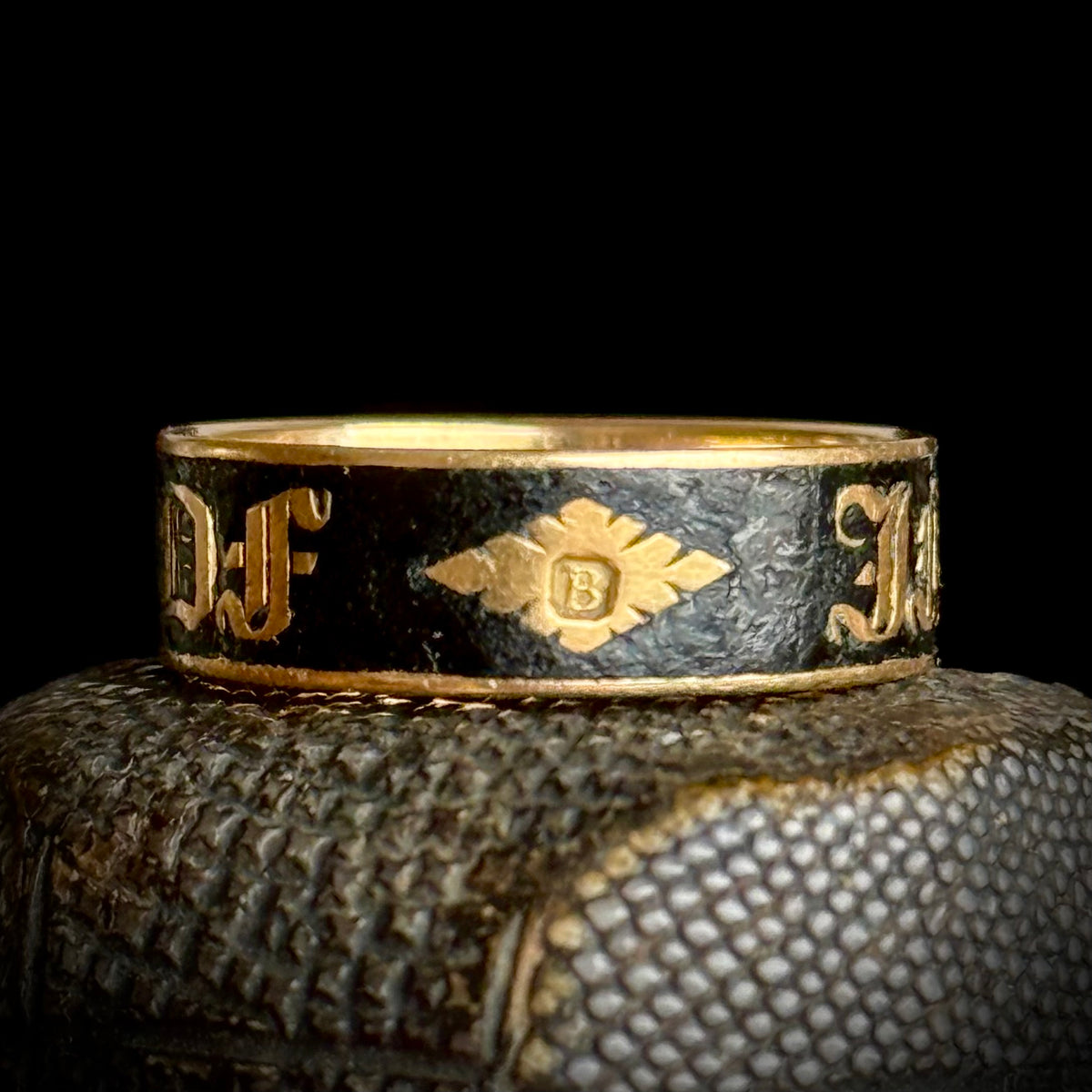 Antique Victorian Enamel Mourning Ring in 18 Carat Gold; Circa 1877