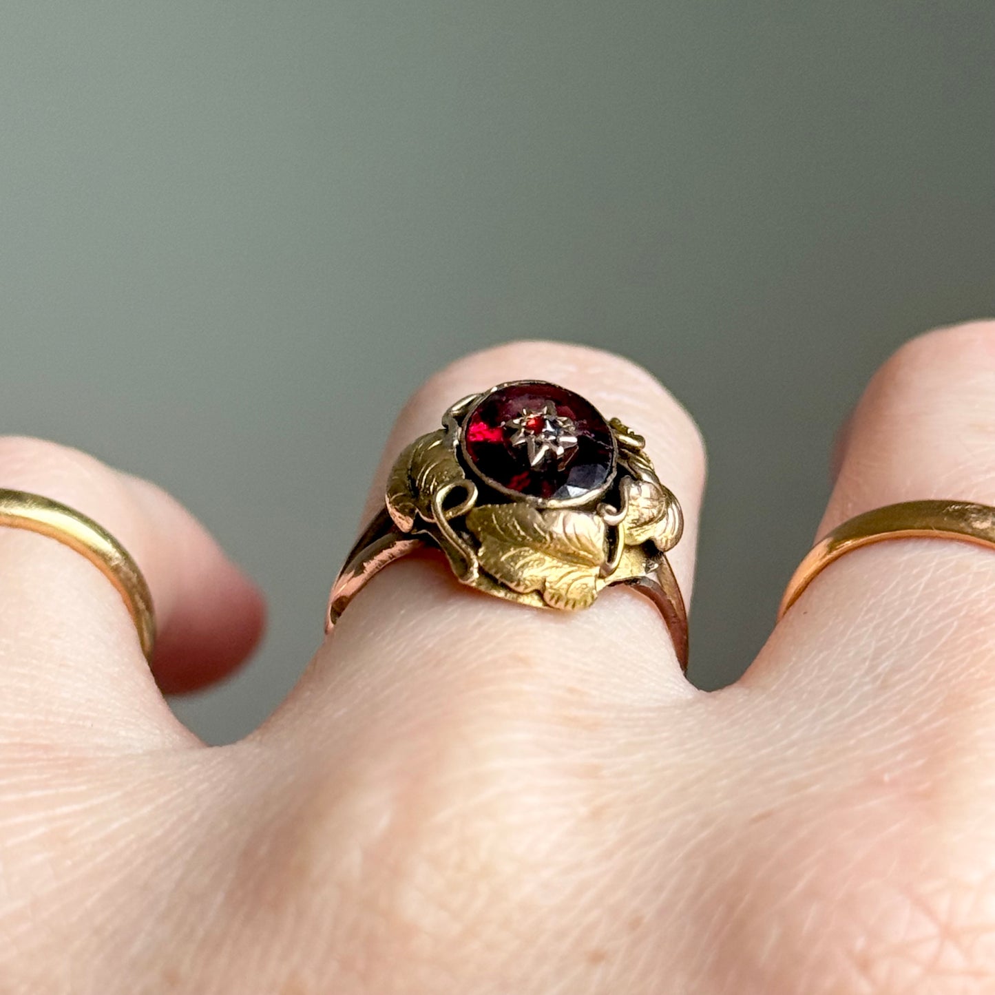 Antique Victorian Floral Garnet Ring in 9 Carat Gold; Circa 1880